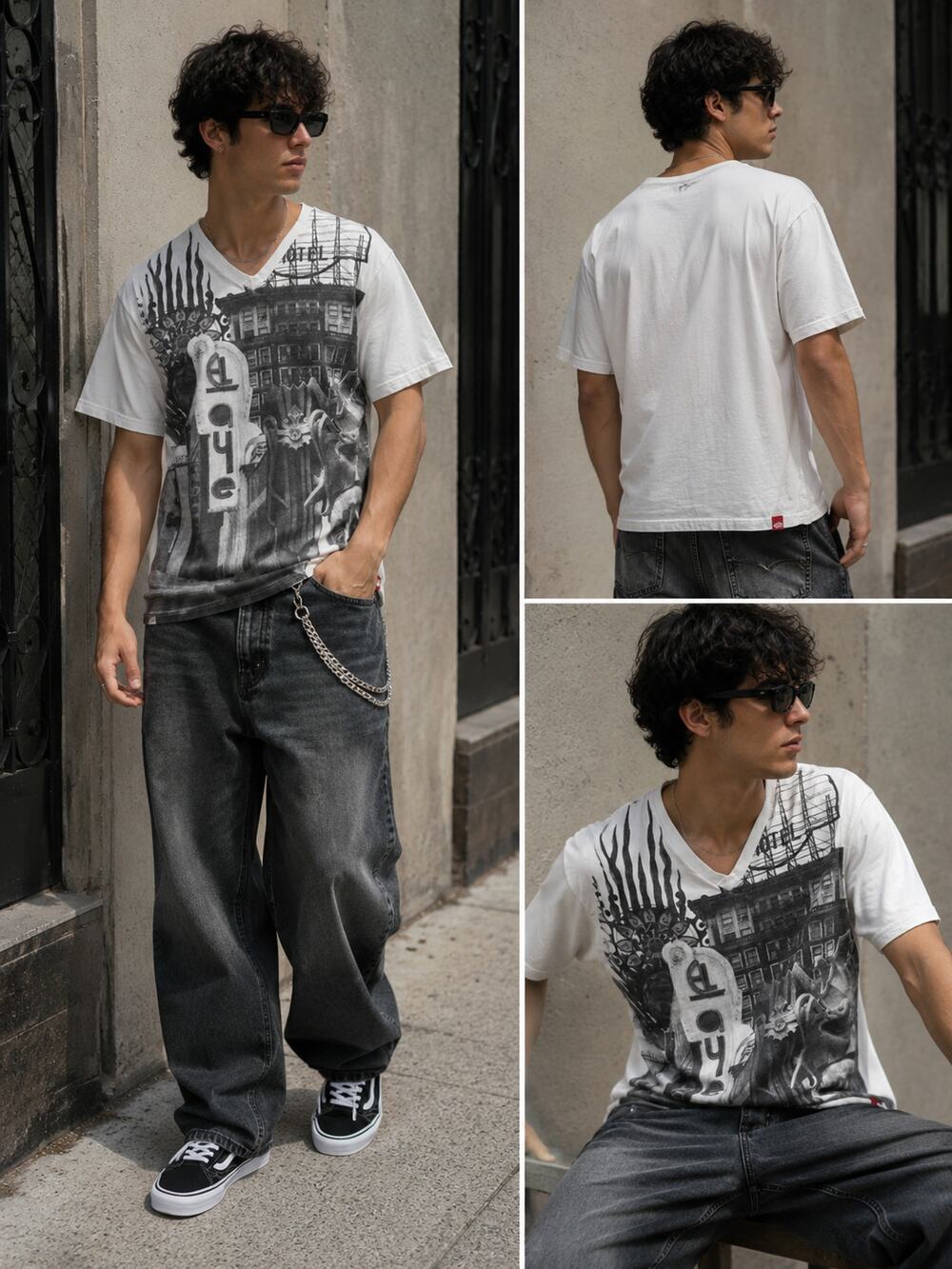 Vans Off The Wall Graphic V-Neck T Shirt Mens Medium Cityscape Skate Streetwear